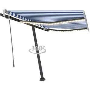 vidaXL Auvent manuel rétractable avec LED 350x250 cm Bleu et blanc pas cher