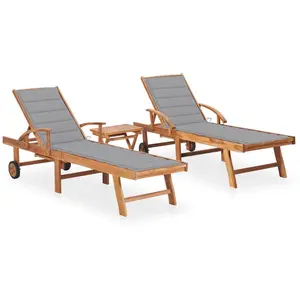 vidaXL Chaises longues lot de 2 avec table et coussin Bois teck solide