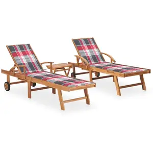 vidaXL Chaises longues lot de 2 avec table et coussin Bois teck solide
