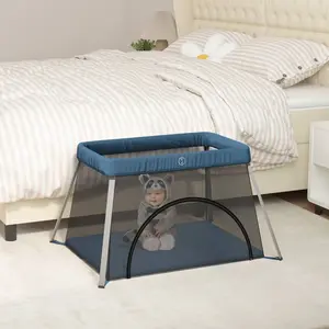 Comparateur de prix : vidaXL Parc pour bébé avec matelas Bleu marine Tissu de lin