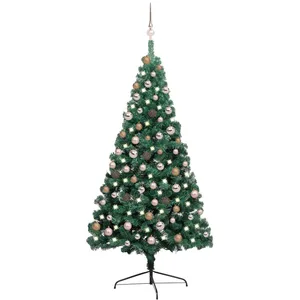 vidaXL Demi-arbre de Noël artificiel pré-éclairé et boules vert 180 cm pas cher