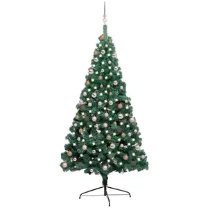 vidaXL Demi-arbre de Noël artificiel pré-éclairé et boules vert 210 cm pas cher