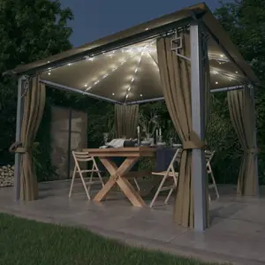 Comparateur de prix : vidaXL Tonnelle avec rideau et lumières LED 3x3 m Taupe Aluminium