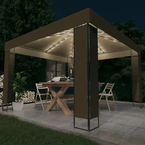 VIDAXL Tonnelle avec double toit et lumières LED 3x3x2,7 m Taupe pas cher