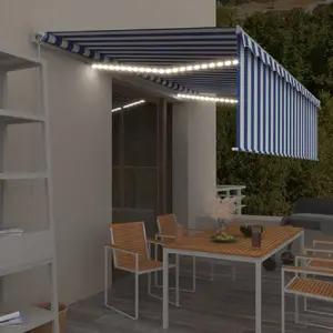 vidaXL Auvent rétractable manuel avec store et LED 5x3 m Bleu et blanc pas cher