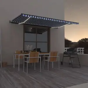 vidaXL Auvent automatique capteur de vent/LED 500x300 cm Bleu et blanc pas cher