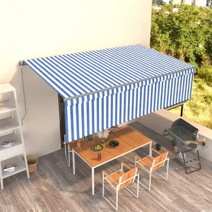 vidaXL Auvent rétractable manuel avec store 5x3 m Bleu et blanc pas cher