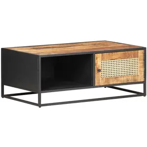 vidaXL Table basse 90x50x35cm Bois de manguier brut et canne naturelle pas cher