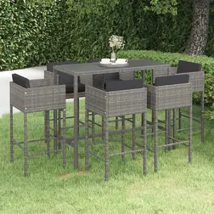 vidaXL Ensemble de bar de jardin 7 pcs et coussins Résine tressée Gris pas cher