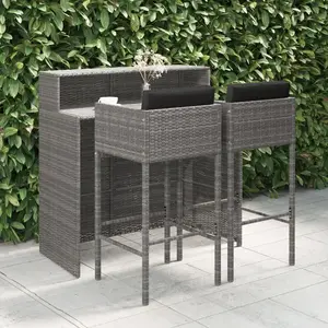 vidaXL Ensemble de bar de jardin 3 pcs et coussins Résine tressée Gris pas cher