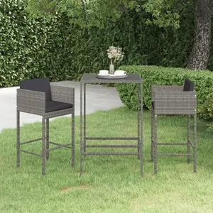vidaXL Ensemble de bar de jardin 3 pcs et coussins Résine tressée Gris pas cher