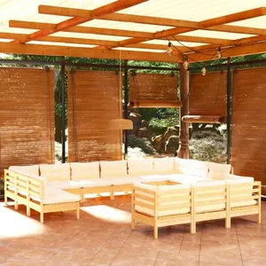vidaXL Salon de jardin 13 pcs avec coussins crème Bois de pin pas cher