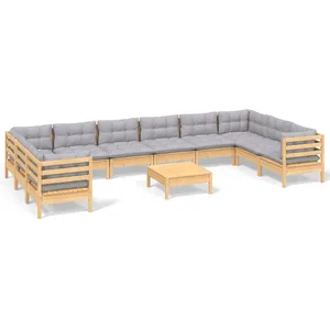 vidaXL Salon de jardin 11 pcs avec coussins gris bois de pin pas cher