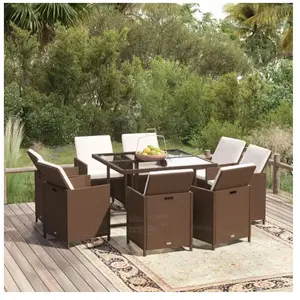 vidaXL Meubles à dîner de jardin et coussins 9 pcs Poly rotin Marron pas cher