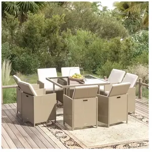 vidaXL Meubles à dîner de jardin et coussins 9 pcs Poly rotin Beige pas cher