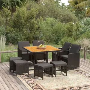 vidaXL Mobilier à dîner de jardin et coussins 9pcs Résine tressée Noir pas cher