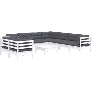 vidaXL Salon de jardin 10 pcs avec coussins blanc bois de pin massif pas cher