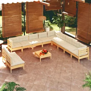 vidaXL Salon de jardin 12 pcs avec coussins crème Bois de pin massif pas cher