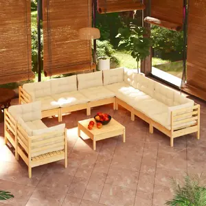 vidaXL Salon de jardin 10 pcs avec coussins crème Bois de pin solide pas cher