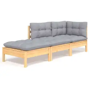 vidaXL Salon de jardin 3 pcs avec coussins gris Bois de pin massif pas cher
