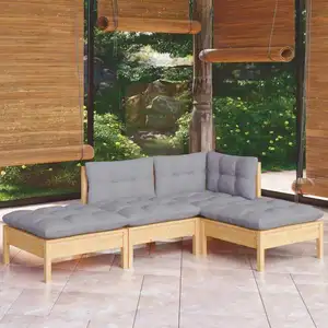 vidaXL Salon de jardin 4 pcs avec coussins gris bois de pin massif pas cher