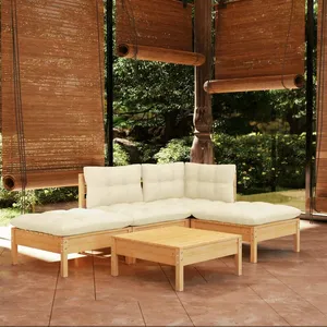 vidaXL Salon de jardin 5 pcs avec coussins crème Bois de pin pas cher