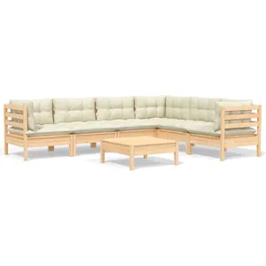 vidaXL Salon de jardin 7 pcs avec coussins crème Bois de pin solide pas cher