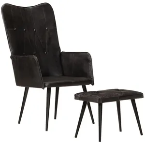 vidaXL Chaise à oreilles avec repose-pied Noir Cuir véritable pas cher