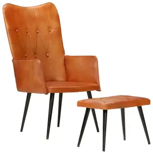 vidaXL Chaise à oreilles avec repose-pied Brun roux Cuir véritable pas cher