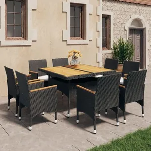 vidaXL Ensemble à dîner de jardin 9 pcs Résine tressée et acacia Noir pas cher