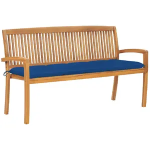 vidaXL Banc Empilable avec Coussin Bleu - Teck 159 cm pas cher