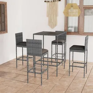 vidaXL Ensemble de bar de jardin 5 pcs et coussins Résine tressée Gris pas cher