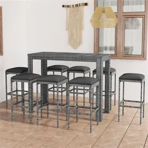 vidaXL Ensemble de bar de jardin 9 pcs et coussins Résine tressée Gris pas cher
