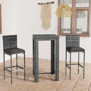 vidaXL Ensemble de bar de jardin 3 pcs et coussins Résine tressée Gris pas cher