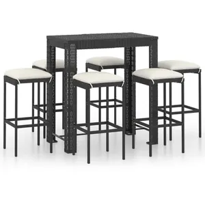 vidaXL Ensemble de bar de jardin 7 pcs et coussins Résine tressée Noir pas cher