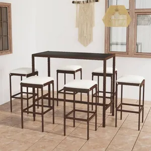 vidaXL Ensemble de bar de jardin 7 pcs coussins Résine tressée Marron pas cher