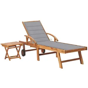 vidaXL Chaise longue avec table et coussin Bois de teck solide