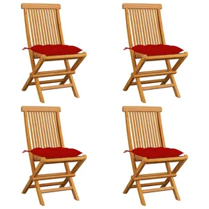 vidaXL Chaises de jardin avec coussins rouge 4 pcs Bois de teck massif pas cher