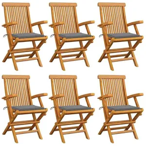 vidaXL Chaises de jardin avec coussins gris 6 pcs Bois de teck massif pas cher