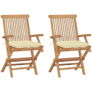 vidaXL Chaises de jardin 2 pcs avec coussins blanc crème Teck massif pas cher