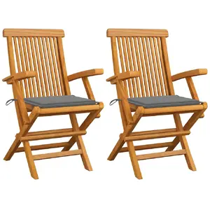 vidaXL Chaises de jardin avec coussins gris 2 pcs Bois de teck massif pas cher