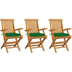 vidaXL Chaises de jardin avec coussins vert 3 pcs Bois de teck massif pas cher
