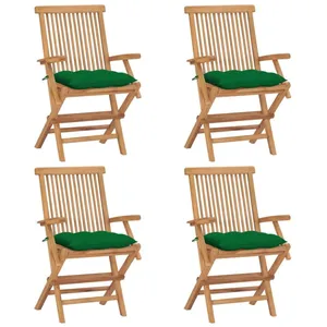vidaXL Chaises de jardin et coussins vert lot de 4 Bois de teck massif pas cher