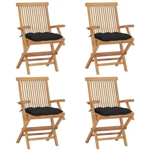 vidaXL Chaises de jardin avec coussins noir 4 pcs Bois de teck massif pas cher