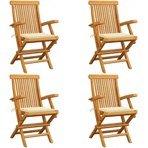 vidaXL Chaises de jardin avec coussins crème 4 pcs Bois de teck massif pas cher