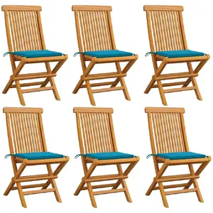 vidaXL Chaises de jardin et coussins bleu lot de 6 Bois de teck massif pas cher