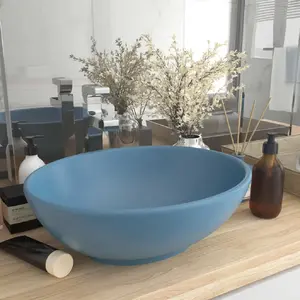 vidaXL Lavabo ovale de luxe Bleu clair mat 40x33 cm Céramique pas cher