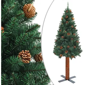 VIDAXL Sapin de Noël mince avec bois véritable et cônes vert 180cm PVC pas cher