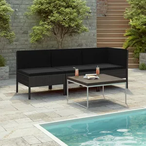 vidaXL Salon de jardin 3 pcs avec coussins Résine tressée Noir pas cher