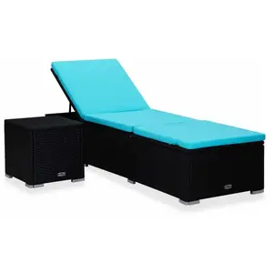 vidaXL Chaise longue avec coussin et table à thé Résine tressée Bleu pas cher